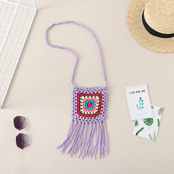 Geantă croșetată manual din fir de bumbac, cu modele geometrice și etnice, geantă pentru telefon crossbody, formă vertical pătrată, fără căptușeală