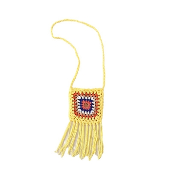 Geantă croșetată manual din fir de bumbac, cu modele geometrice și etnice, geantă pentru telefon crossbody, formă vertical pătrată, fără căptușeală