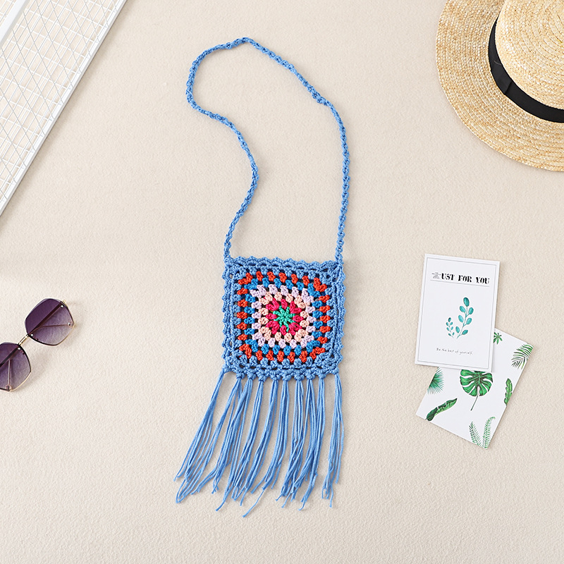 Geantă croșetată manual din fir de bumbac, cu modele geometrice și etnice, geantă pentru telefon crossbody, formă vertical pătrată, fără căptușeală