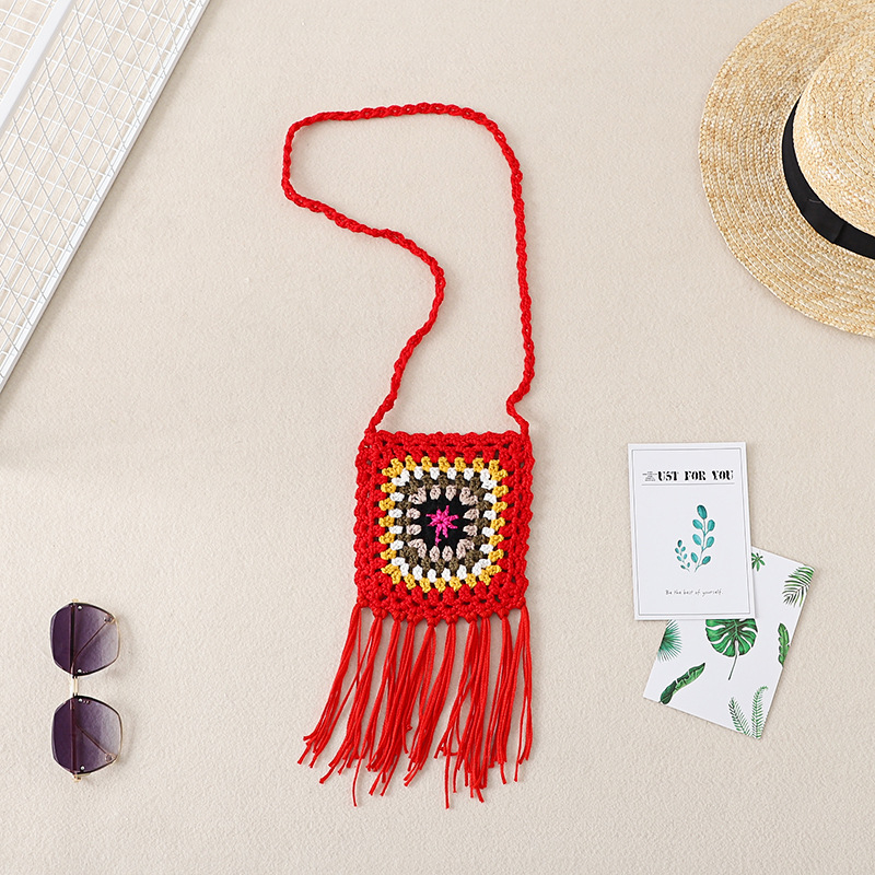 Geantă croșetată manual din fir de bumbac, cu modele geometrice și etnice, geantă pentru telefon crossbody, formă vertical pătrată, fără căptușeală