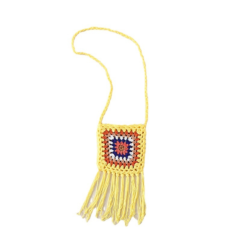 Geantă croșetată manual din fir de bumbac, cu modele geometrice și etnice, geantă pentru telefon crossbody, formă vertical pătrată, fără căptușeală