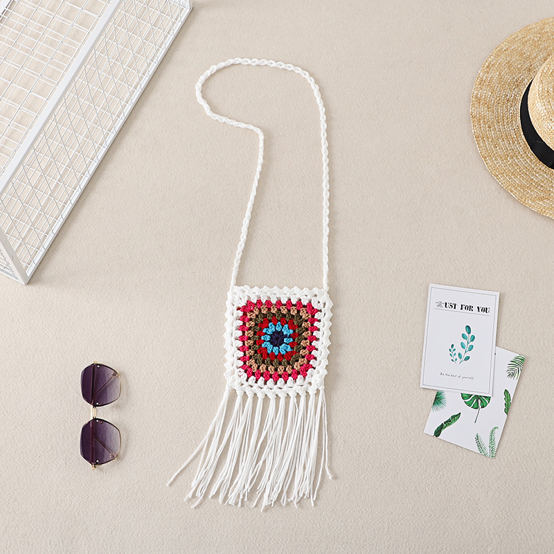 Geantă croșetată manual din fir de bumbac, cu modele geometrice și etnice, geantă pentru telefon crossbody, formă vertical pătrată, fără căptușeală