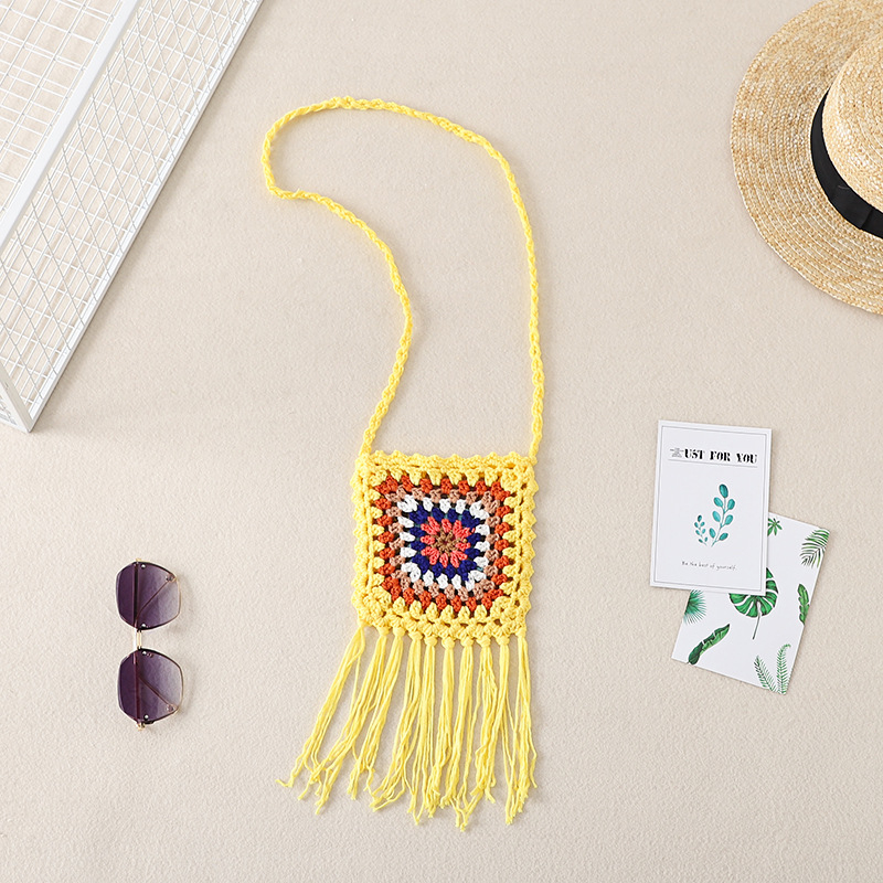 Geantă croșetată manual din fir de bumbac, cu modele geometrice și etnice, geantă pentru telefon crossbody, formă vertical pătrată, fără căptușeală