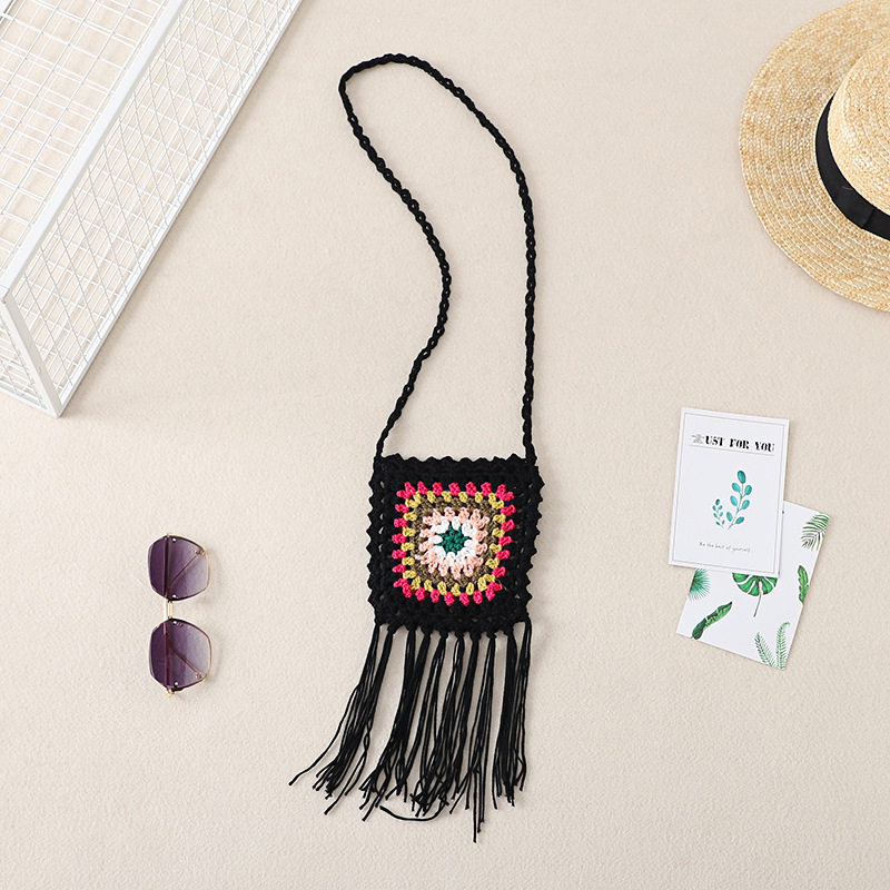 Geantă croșetată manual din fir de bumbac, cu modele geometrice și etnice, geantă pentru telefon crossbody, formă vertical pătrată, fără căptușeală