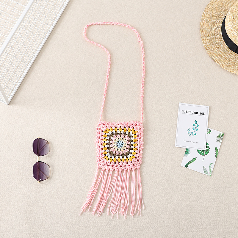 Geantă croșetată manual din fir de bumbac, cu modele geometrice și etnice, geantă pentru telefon crossbody, formă vertical pătrată, fără căptușeală