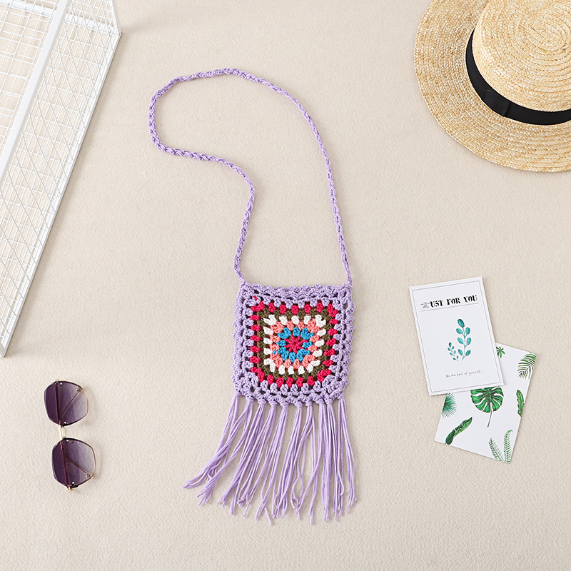 Geantă croșetată manual din fir de bumbac, cu modele geometrice și etnice, geantă pentru telefon crossbody, formă vertical pătrată, fără căptușeală