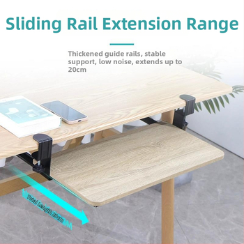 Asztali billentyűzet-támasz fúrás nélküli felszereléssel, az íróasztal alatt, csúszó sínnel és klipszekkel – modern, minimalist dizájn irodai és otthoni használatra