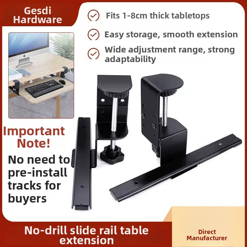Asztali billentyűzet-támasz fúrás nélküli felszereléssel, az íróasztal alatt, csúszó sínnel és klipszekkel – modern, minimalist dizájn irodai és otthoni használatra