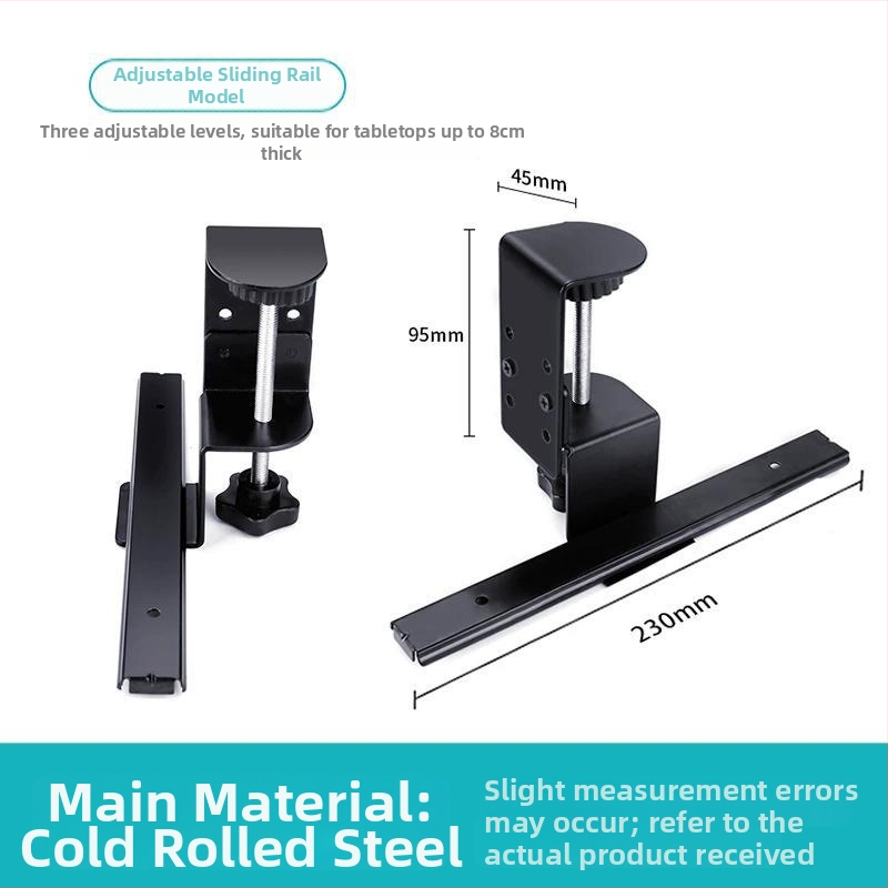 Asztali billentyűzet-támasz fúrás nélküli felszereléssel, az íróasztal alatt, csúszó sínnel és klipszekkel – modern, minimalist dizájn irodai és otthoni használatra