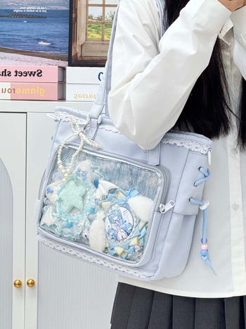 Japanski stil prozirna tote torba za anime konvencije, svakodnevna upotreba, preko ramena ili crossbody, poliester, podstava od najlona, kapacitet 36–55 L, kompatibilna s 14-inčnim prijenosnikom, cyber stil, s prikazom krajolika