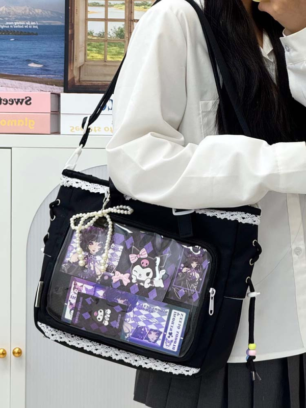 Japanski stil prozirna tote torba za anime konvencije, svakodnevna upotreba, preko ramena ili crossbody, poliester, podstava od najlona, kapacitet 36–55 L, kompatibilna s 14-inčnim prijenosnikom, cyber stil, s prikazom krajolika