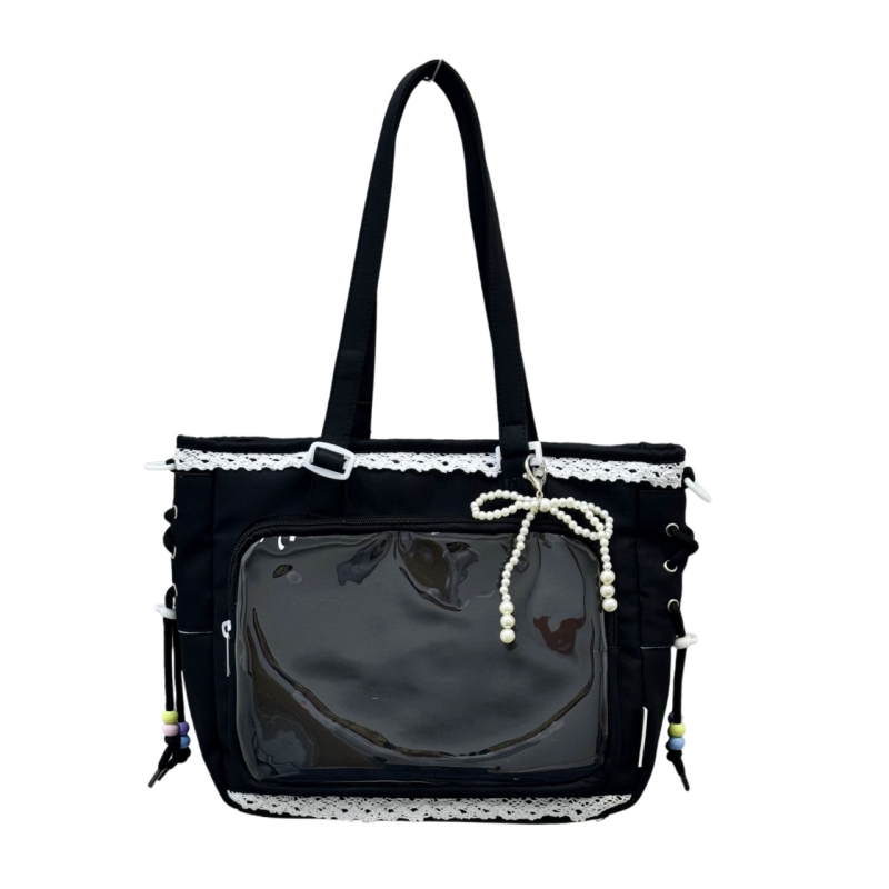Japanski stil prozirna tote torba za anime konvencije, svakodnevna upotreba, preko ramena ili crossbody, poliester, podstava od najlona, kapacitet 36–55 L, kompatibilna s 14-inčnim prijenosnikom, cyber stil, s prikazom krajolika