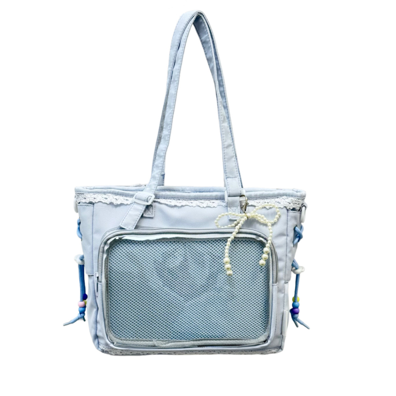 Japanski stil prozirna tote torba za anime konvencije, svakodnevna upotreba, preko ramena ili crossbody, poliester, podstava od najlona, kapacitet 36–55 L, kompatibilna s 14-inčnim prijenosnikom, cyber stil, s prikazom krajolika