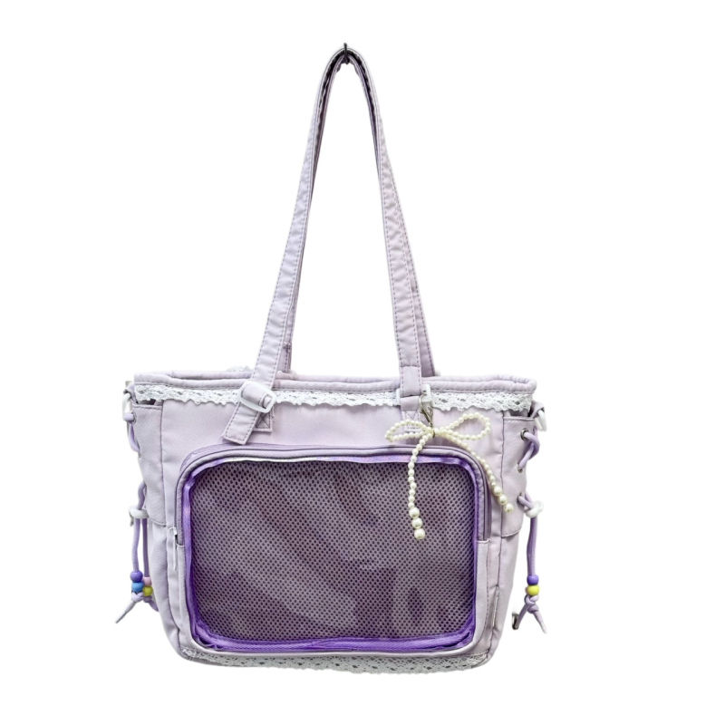Japanski stil prozirna tote torba za anime konvencije, svakodnevna upotreba, preko ramena ili crossbody, poliester, podstava od najlona, kapacitet 36–55 L, kompatibilna s 14-inčnim prijenosnikom, cyber stil, s prikazom krajolika