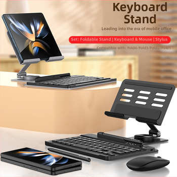 Otáčavý stojan na notebook a tablet s 360° otáčaním; kompatibilný so Samsung Fold sériou a Huawei Mate X/Mate XS sériou; hmotnosť 600 g; obsahuje kapacitný pero s klávesnicou a myšou.