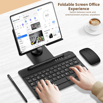 Otáčavý stojan na notebook a tablet s 360° otáčaním; kompatibilný so Samsung Fold sériou a Huawei Mate X/Mate XS sériou; hmotnosť 600 g; obsahuje kapacitný pero s klávesnicou a myšou.