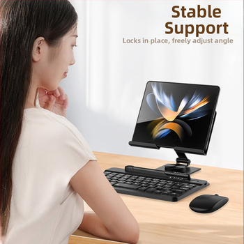 Otáčavý stojan na notebook a tablet s 360° otáčaním; kompatibilný so Samsung Fold sériou a Huawei Mate X/Mate XS sériou; hmotnosť 600 g; obsahuje kapacitný pero s klávesnicou a myšou.