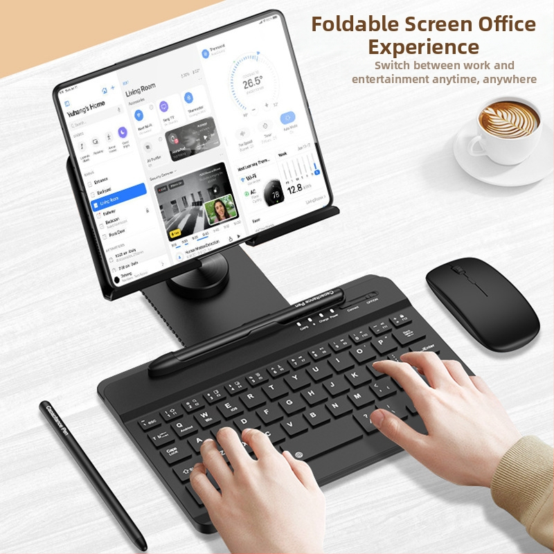 Otáčavý stojan na notebook a tablet s 360° otáčaním; kompatibilný so Samsung Fold sériou a Huawei Mate X/Mate XS sériou; hmotnosť 600 g; obsahuje kapacitný pero s klávesnicou a myšou.