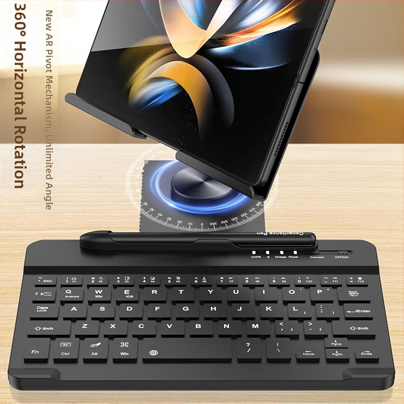 Otáčavý stojan na notebook a tablet s 360° otáčaním; kompatibilný so Samsung Fold sériou a Huawei Mate X/Mate XS sériou; hmotnosť 600 g; obsahuje kapacitný pero s klávesnicou a myšou.