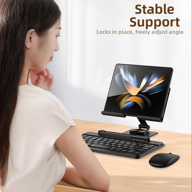 Otáčavý stojan na notebook a tablet s 360° otáčaním; kompatibilný so Samsung Fold sériou a Huawei Mate X/Mate XS sériou; hmotnosť 600 g; obsahuje kapacitný pero s klávesnicou a myšou.