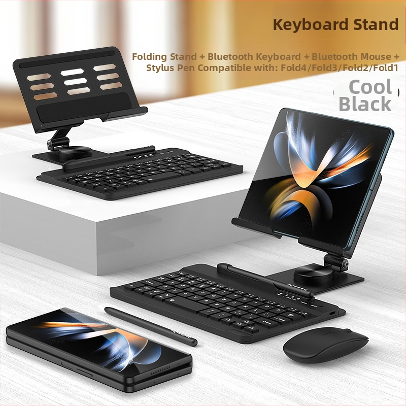 Otáčavý stojan na notebook a tablet s 360° otáčaním; kompatibilný so Samsung Fold sériou a Huawei Mate X/Mate XS sériou; hmotnosť 600 g; obsahuje kapacitný pero s klávesnicou a myšou.