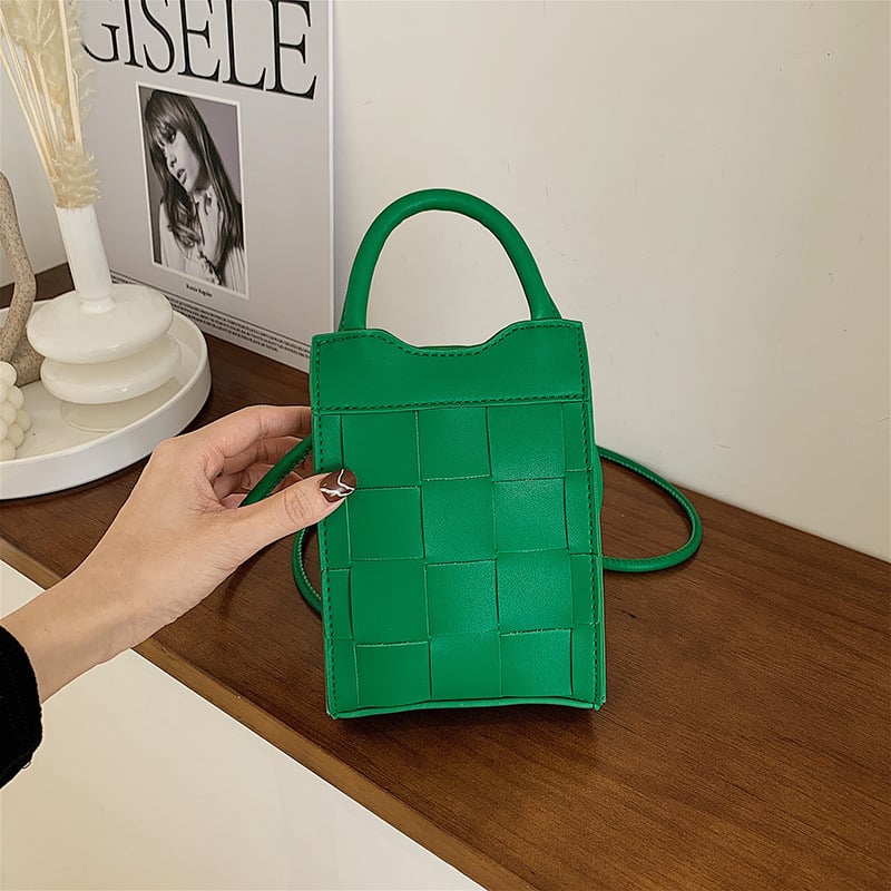 Плетена PU чанта за телефон за жени, вертикална квадратна форма, магнитно закопчаване, вътрешен джоб с цип, кръстосана презрамка
