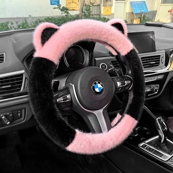 Navlaka za volan automobila, pliš zimi, crtani stil, s mačjim ušima, univerzalna prilagodba — Materijal: sintetička vlakna; Sezona: zima; Ugradnja: univerzalno
