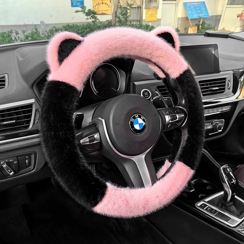 Navlaka za volan automobila, pliš zimi, crtani stil, s mačjim ušima, univerzalna prilagodba — Materijal: sintetička vlakna; Sezona: zima; Ugradnja: univerzalno