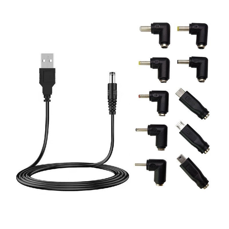 Set adaptor încărcare DC: de la 5.5×2.1 mm la 5.5×2.5 mm, conector 5521, cablu USB de 1 m, set 10 în 1
