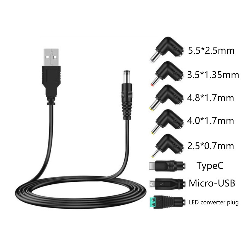 Set adaptor încărcare DC: de la 5.5×2.1 mm la 5.5×2.5 mm, conector 5521, cablu USB de 1 m, set 10 în 1