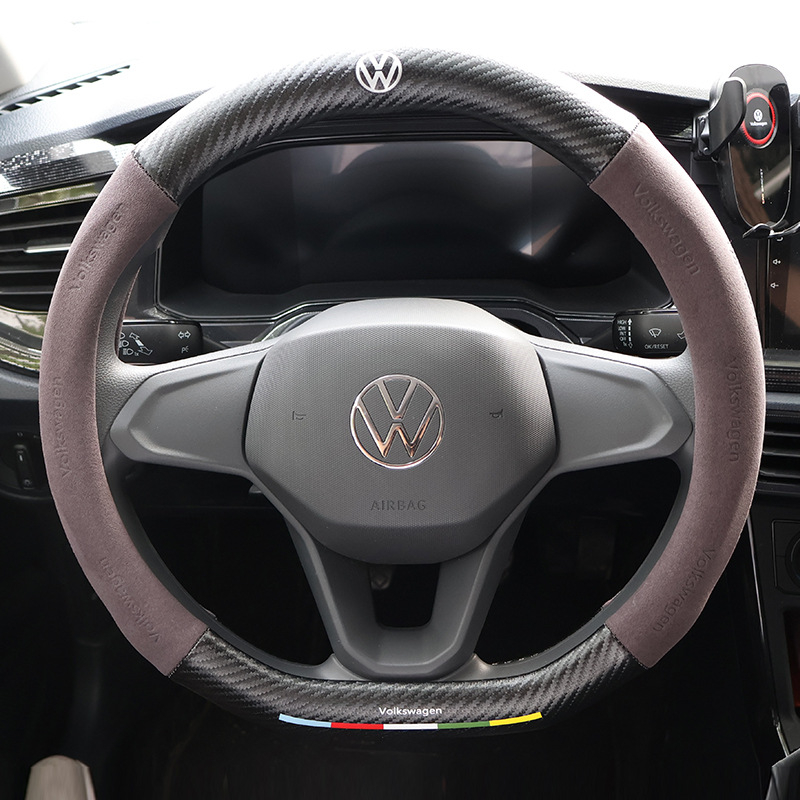 Husă volan Volkswagen - velur și piele cu fibră de carbon, 3D embosat, model imprimat, pentru toate anotimpurile, montaj dedicat vehiculului, cusut manual și cu mașina