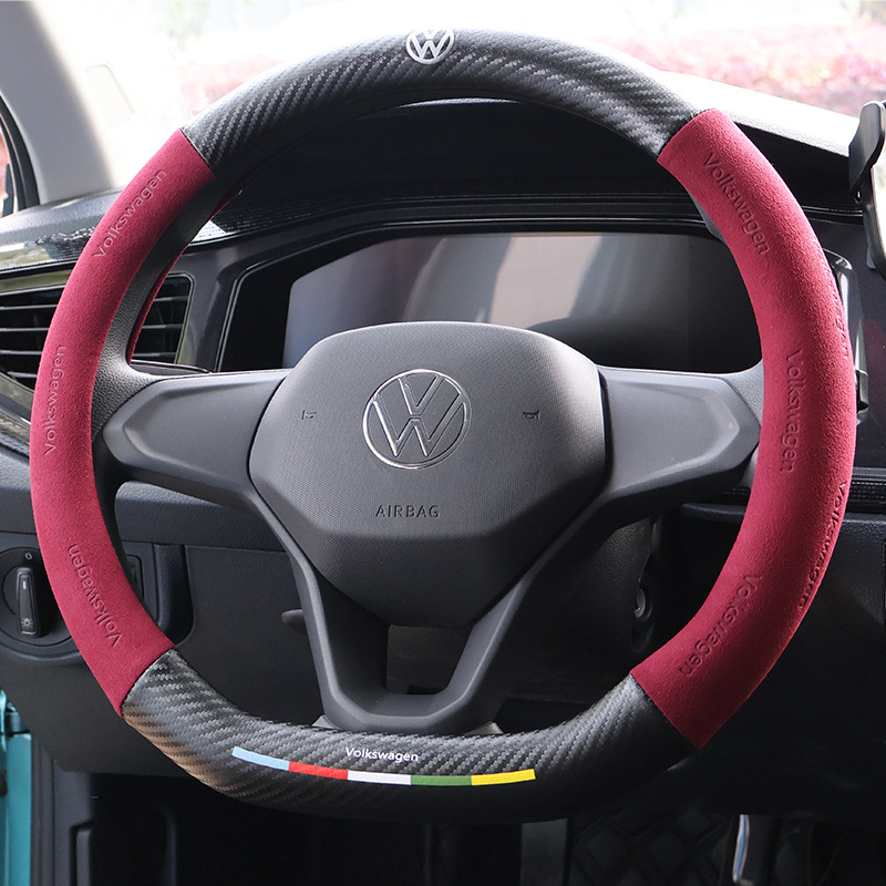 Husă volan Volkswagen - velur și piele cu fibră de carbon, 3D embosat, model imprimat, pentru toate anotimpurile, montaj dedicat vehiculului, cusut manual și cu mașina