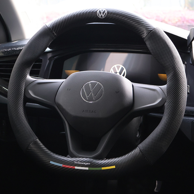 Husă volan Volkswagen - velur și piele cu fibră de carbon, 3D embosat, model imprimat, pentru toate anotimpurile, montaj dedicat vehiculului, cusut manual și cu mașina