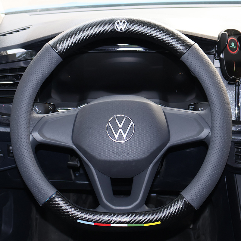 Husă volan Volkswagen - velur și piele cu fibră de carbon, 3D embosat, model imprimat, pentru toate anotimpurile, montaj dedicat vehiculului, cusut manual și cu mașina