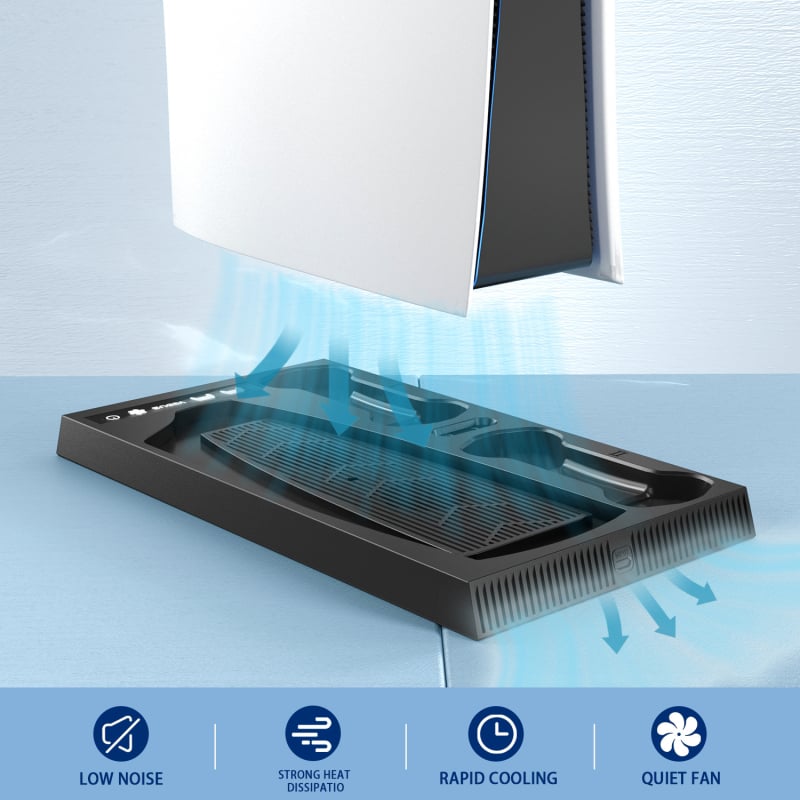 PS5 chladiaca základňa s integrovaným ventilátorom a nabíjačkou ovládača, háčik na slúchadlá, ABS materiál, 0,8 kg