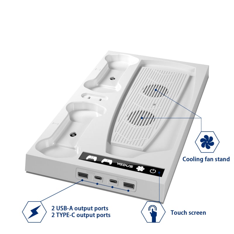 PS5 chladiaca základňa s integrovaným ventilátorom a nabíjačkou ovládača, háčik na slúchadlá, ABS materiál, 0,8 kg