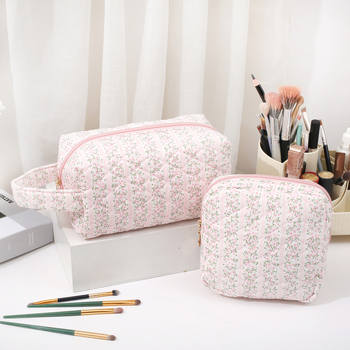 Τσάντα καλλυντικών μεγάλης χωρητικότητας με φλοράλ σχέδιο από βαμβάκι, επένδυση πολυεστέρα-βαμβάκι, φερμουάρ, αναπνεύσιμη, για οικιακή αποθήκευση προϊόντων περιποίησης δέρματος