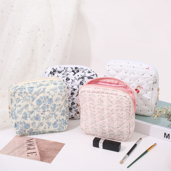 Τσάντα καλλυντικών μεγάλης χωρητικότητας με φλοράλ σχέδιο από βαμβάκι, επένδυση πολυεστέρα-βαμβάκι, φερμουάρ, αναπνεύσιμη, για οικιακή αποθήκευση προϊόντων περιποίησης δέρματος