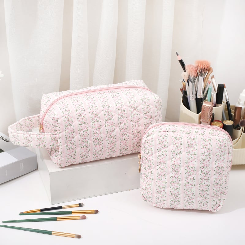 Τσάντα καλλυντικών μεγάλης χωρητικότητας με φλοράλ σχέδιο από βαμβάκι, επένδυση πολυεστέρα-βαμβάκι, φερμουάρ, αναπνεύσιμη, για οικιακή αποθήκευση προϊόντων περιποίησης δέρματος