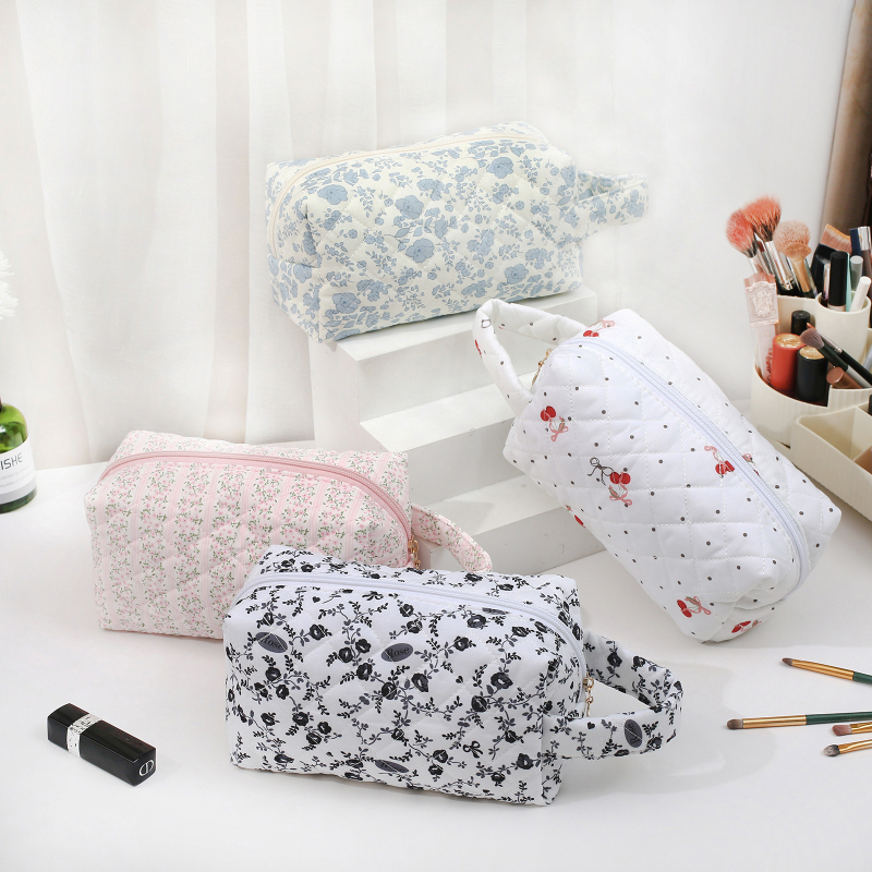 Τσάντα καλλυντικών μεγάλης χωρητικότητας με φλοράλ σχέδιο από βαμβάκι, επένδυση πολυεστέρα-βαμβάκι, φερμουάρ, αναπνεύσιμη, για οικιακή αποθήκευση προϊόντων περιποίησης δέρματος