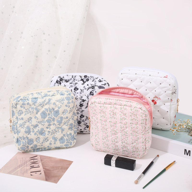 Τσάντα καλλυντικών μεγάλης χωρητικότητας με φλοράλ σχέδιο από βαμβάκι, επένδυση πολυεστέρα-βαμβάκι, φερμουάρ, αναπνεύσιμη, για οικιακή αποθήκευση προϊόντων περιποίησης δέρματος