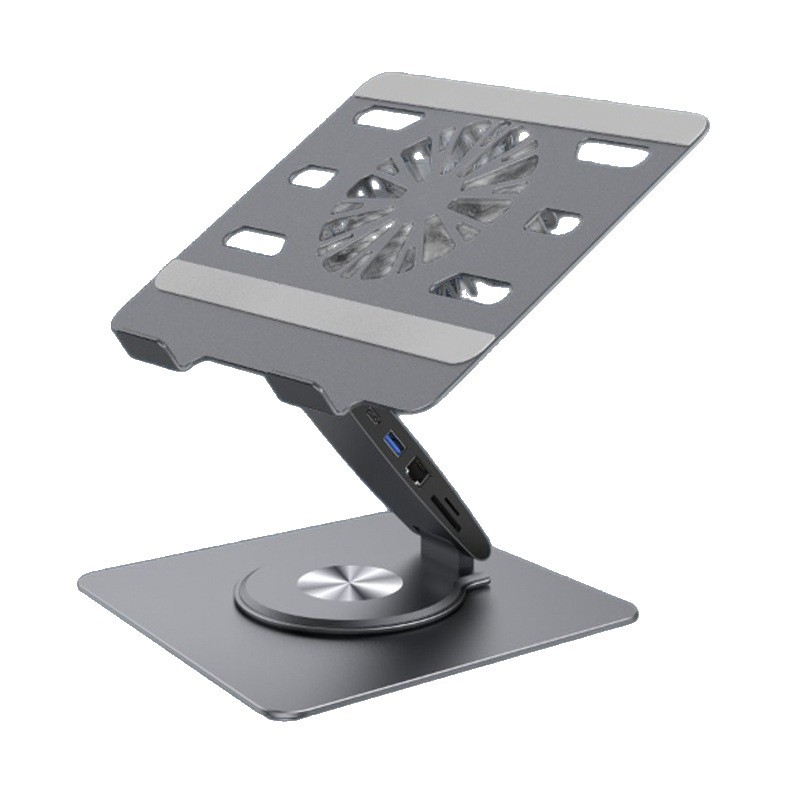 Suport de răcire pentru laptop cu docking station integrat de 12 porturi, rotativ, pliabil, înălțime reglabilă, ventilator