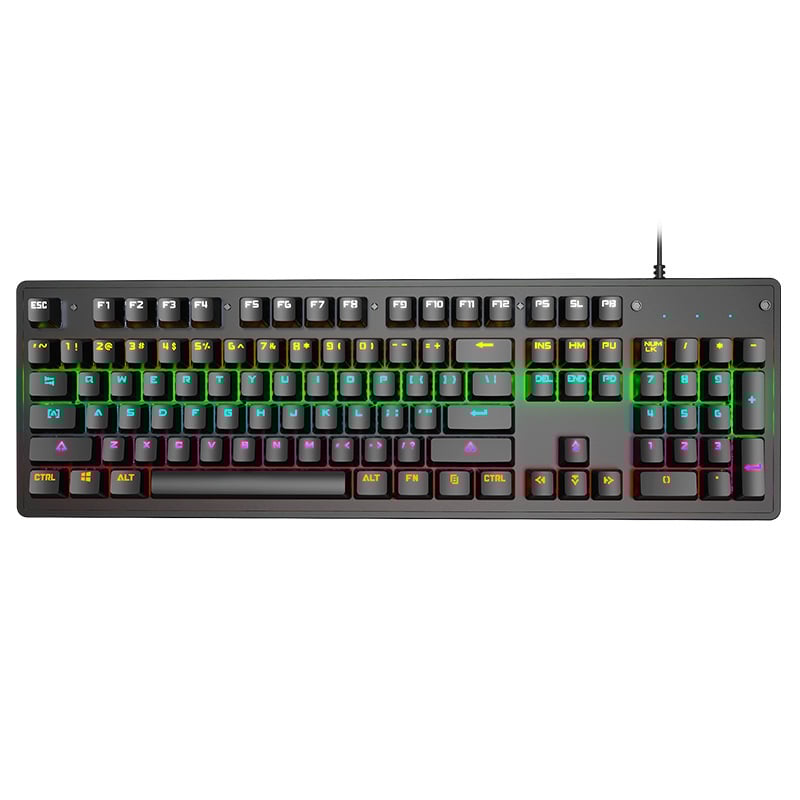 K104 gamer billentyűzet mechanikus kapcsolókkal, több mint 98 billentyű, vezetékes, többszínű háttérvilágítás