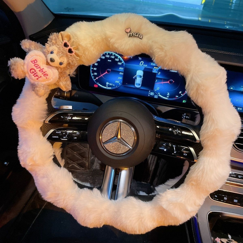 Navlaka za volan automobila, pliš materijal, sladak stil, zimska upotreba, univerzalna prilagodba