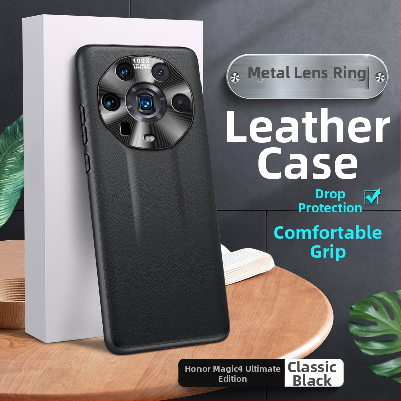 Telefonu lieta Honor Magic4 Ultimate Edition, TPU korpuss ar ādas un zelta iestrādēm, metāla objektīva gredzens, triecienizturīgs, siltuma izkliede