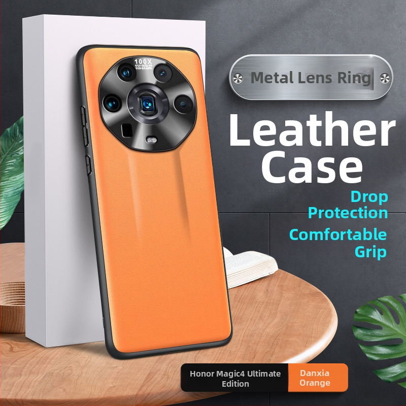 Telefonu lieta Honor Magic4 Ultimate Edition, TPU korpuss ar ādas un zelta iestrādēm, metāla objektīva gredzens, triecienizturīgs, siltuma izkliede