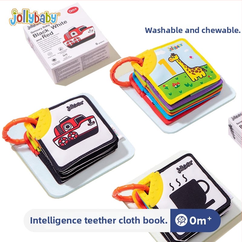 Jollybaby Платнена книжка за гризане за бебета 0–3 години — визуална стимулация, когнитивно развитие и координация ръка-око, ранно образование