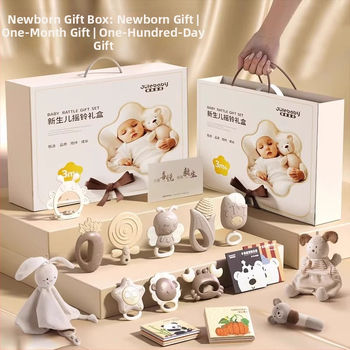 Kūdikių kramtukas ir barškutis – 0–3 metų amžius, silikonas + ABS, interaktyvi žaislas dovanų dėžutėje sensoriniam ir rankos-akies koordinacijos vystymui