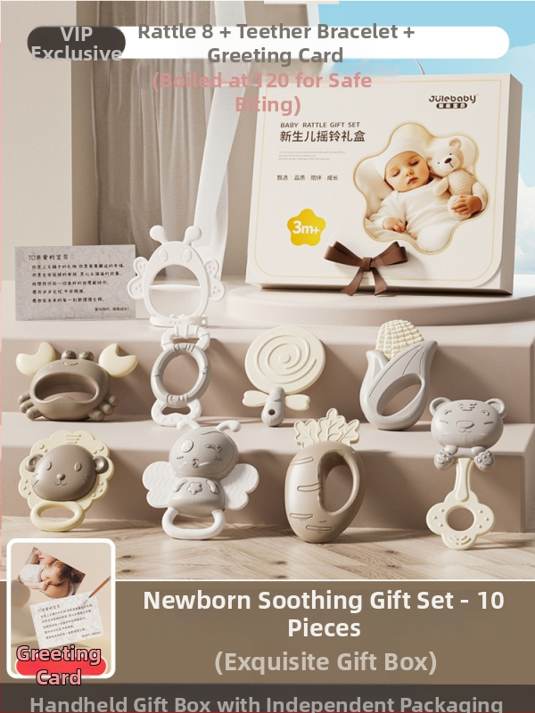 Kūdikių kramtukas ir barškutis – 0–3 metų amžius, silikonas + ABS, interaktyvi žaislas dovanų dėžutėje sensoriniam ir rankos-akies koordinacijos vystymui