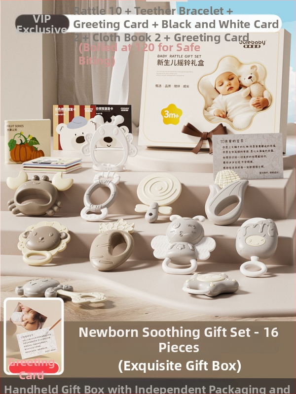 Kūdikių kramtukas ir barškutis – 0–3 metų amžius, silikonas + ABS, interaktyvi žaislas dovanų dėžutėje sensoriniam ir rankos-akies koordinacijos vystymui